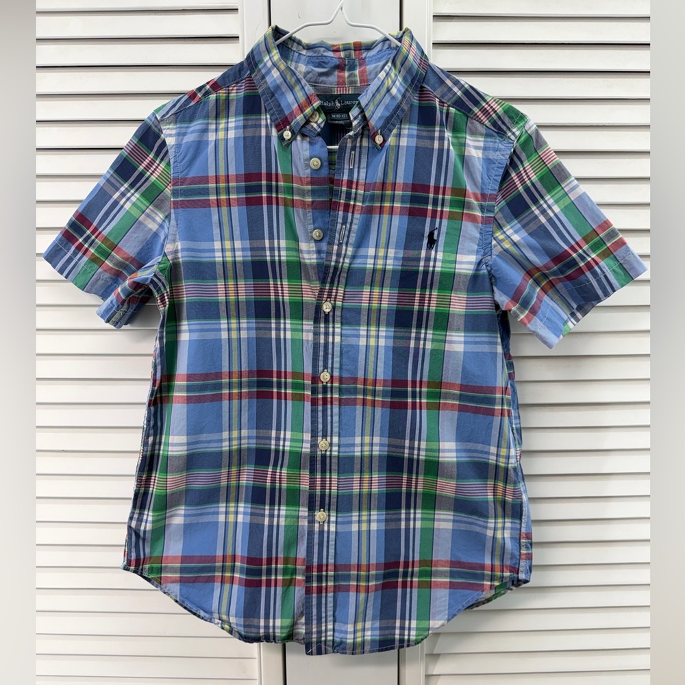 Ralph Lauren polo size 10-12 blue Plaid Kids button up dress Shirt